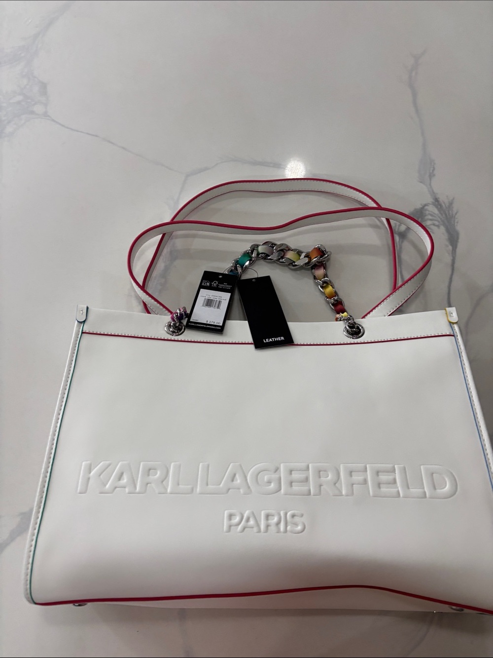 Karl Lagerfeld White Leather Tote with Pink Trim and Multicolor Chain